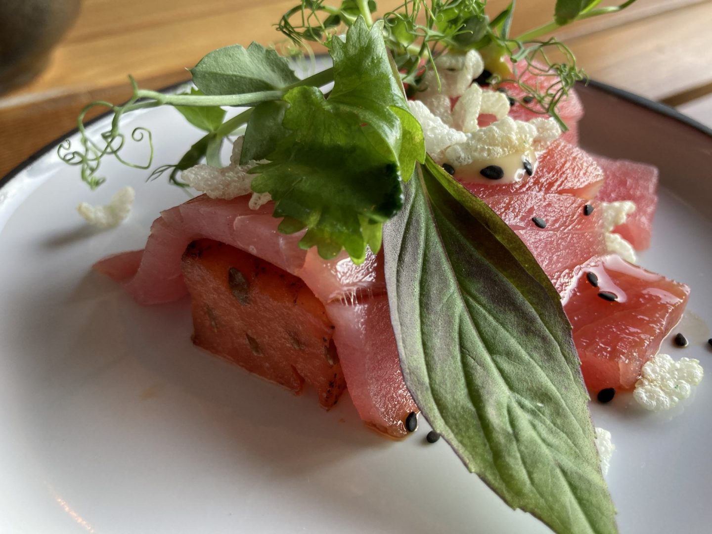 Erfahrung Bewertung Kritik Stochas Steinhaus Ahrntal Thunfisch Tunfisch mit gebratener Wassermelone Foodblog Sternestulle