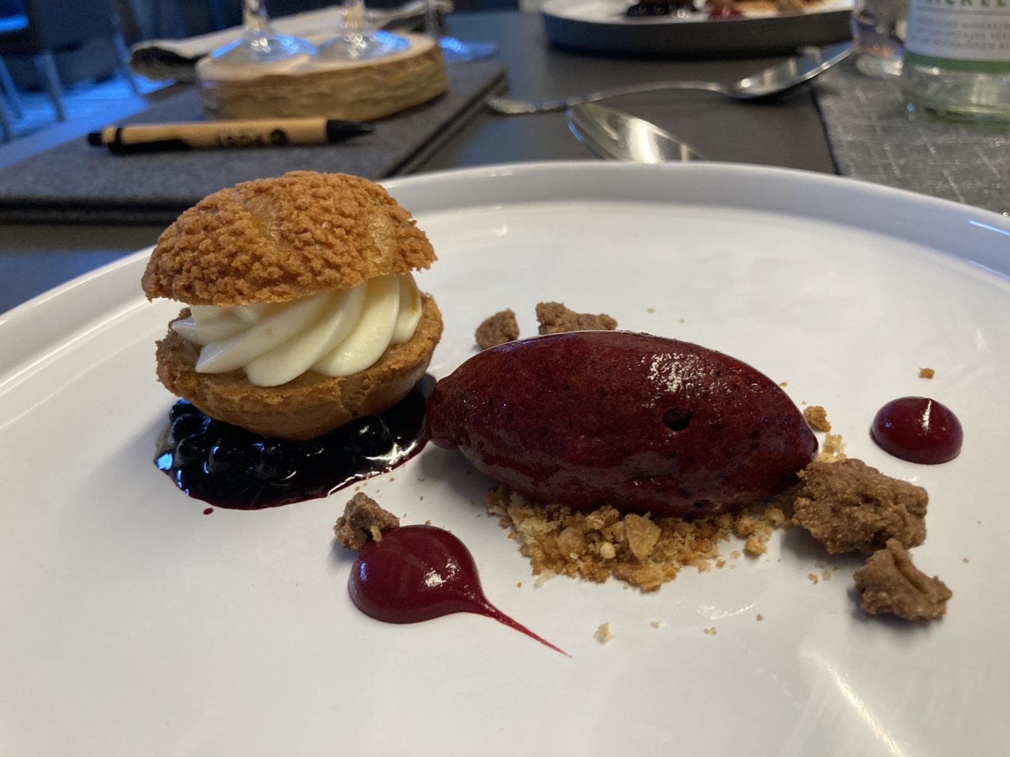 Erfahrung Bewertung Kritik Post Hotel See Paznaun Dessert Chou au Craquelin Heidelbeersorbet Foodblog Sternestulle